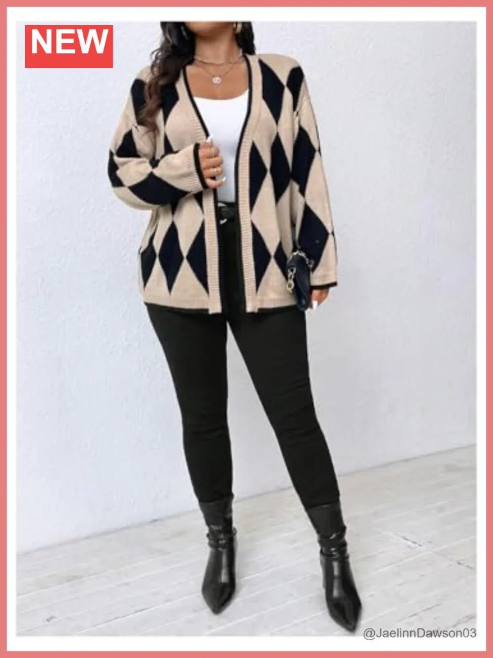 Plus Size Open Front Cardigan Geometric Knit Sweater Coat